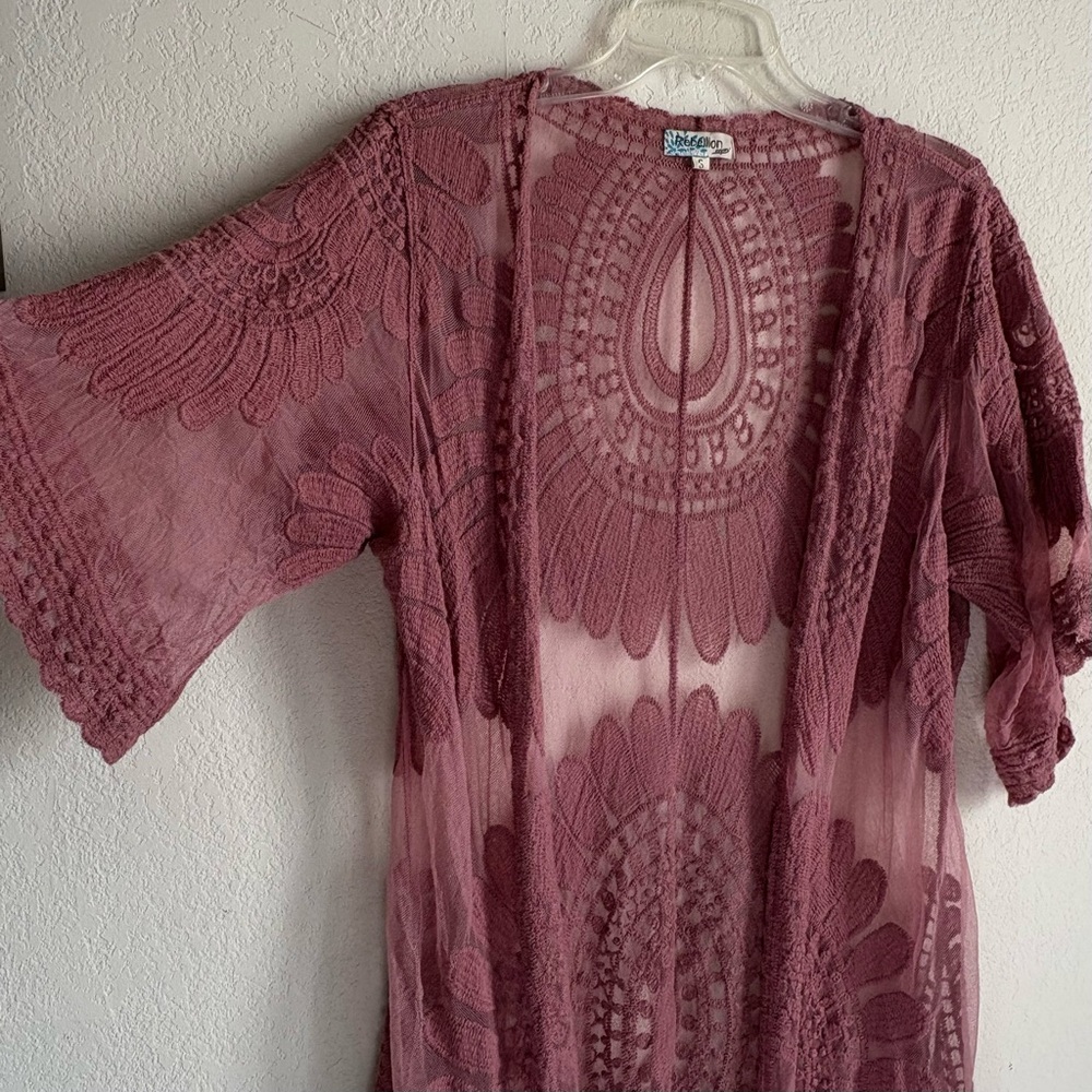Rebellion Sheer Lace Duster/Kimono, Long Cardigan, Dark Rose Color, Sz. Small - Picture 4 of 12